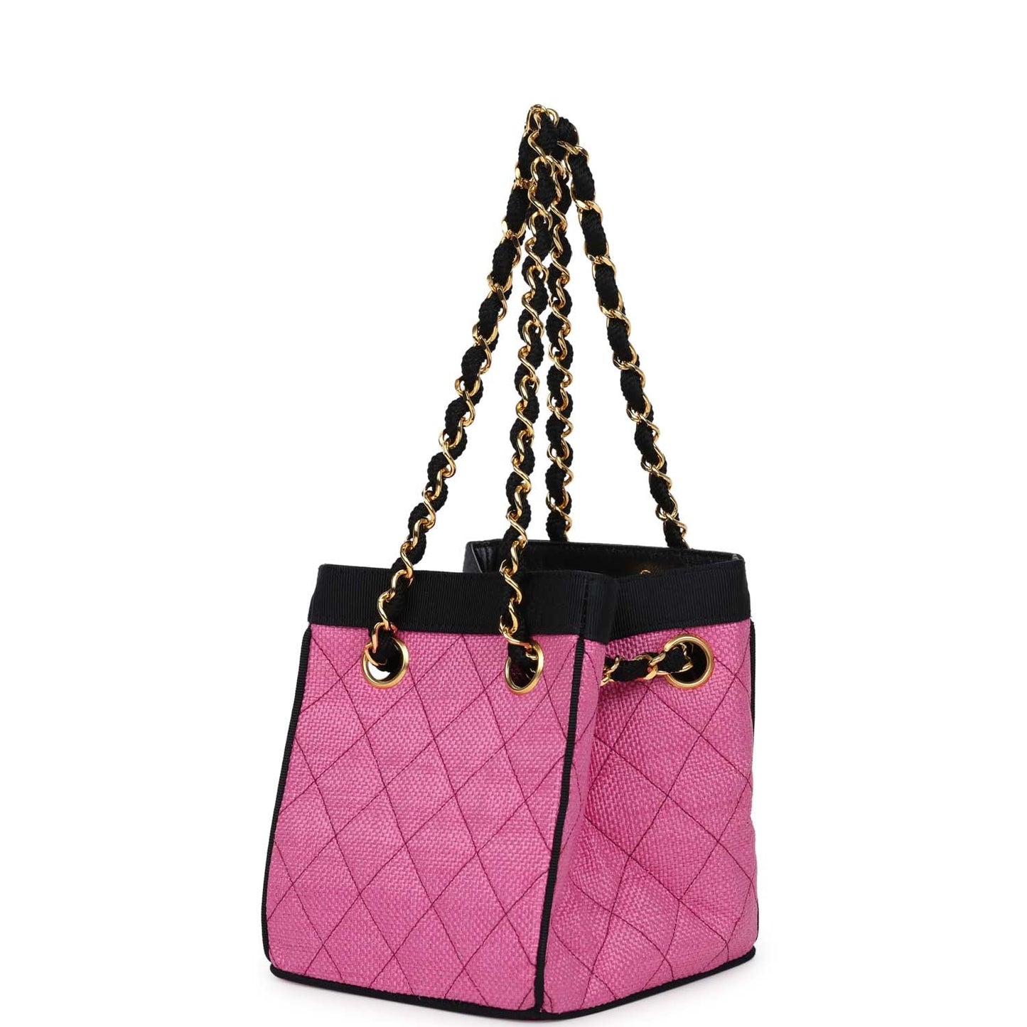 Chanel Set of Two Mini Bucket Bag & Oval Handbag Pink and Black Raffia Gold Hardware