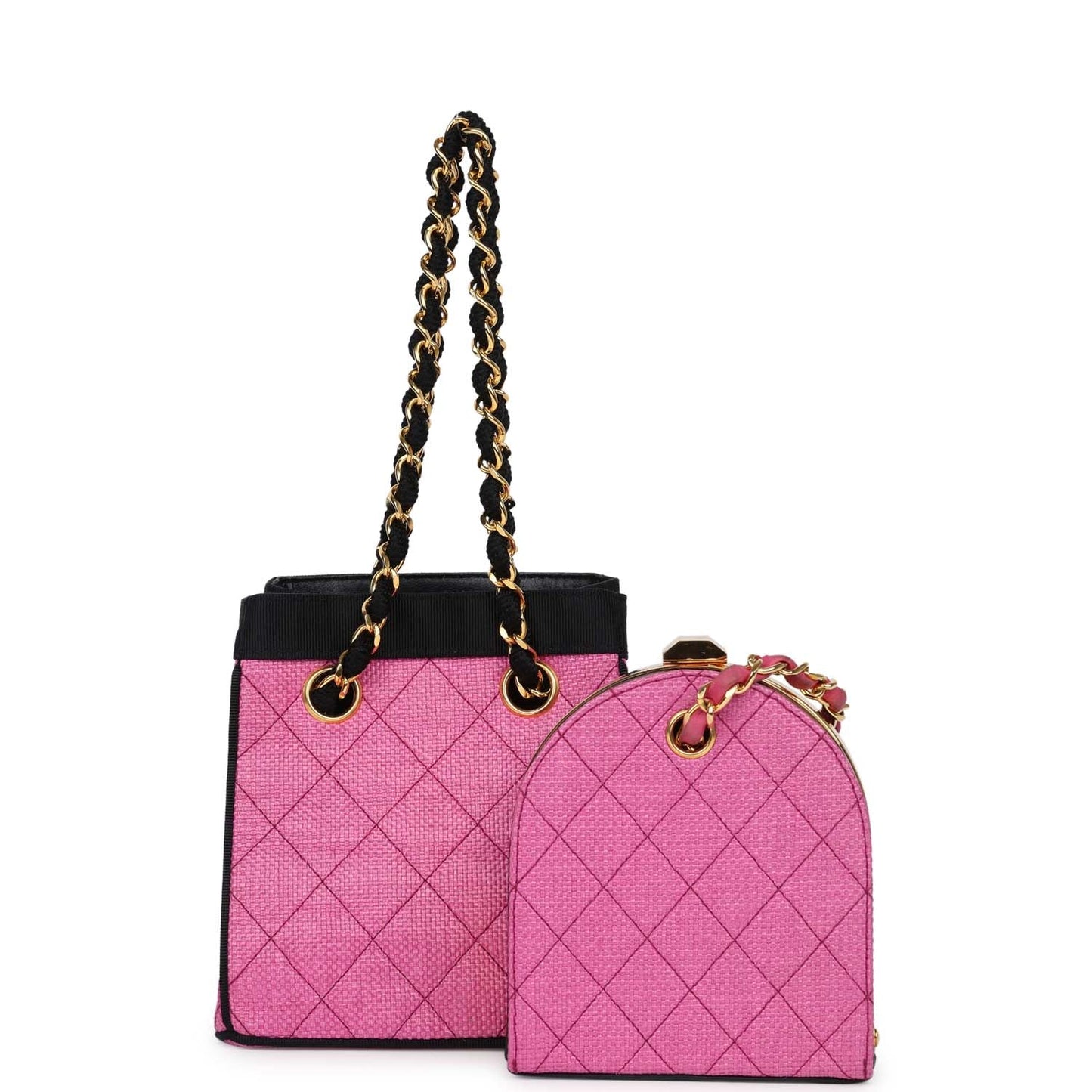 Chanel  Set of Two Mini Bucket Bag & Oval Handbag Pink and Black Raffia Gold Hardware