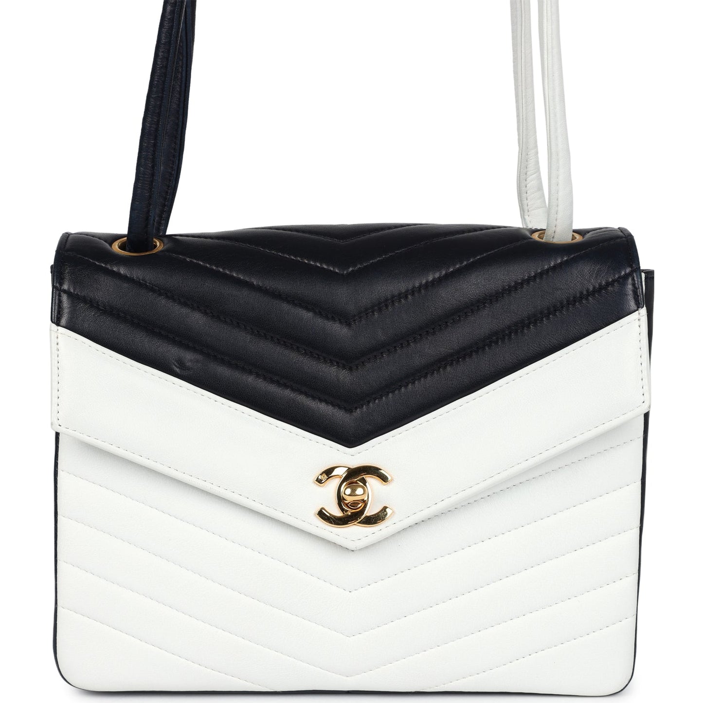 Chanel Chevron Envelope Flap Shoulder Bag Navy and White Lambskin Gold Hardware