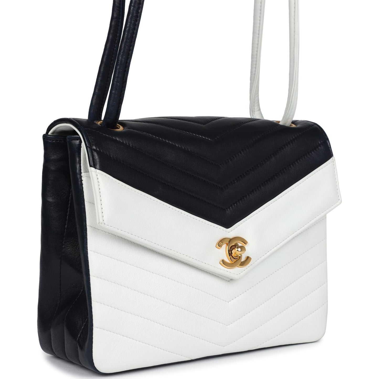 Chanel  Chevron Envelope Flap Shoulder Bag Navy and White Lambskin Gold Hardware