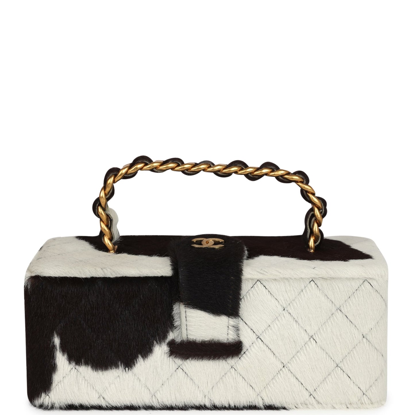 Chanel Rectangular Vanity Box Brown and White Cow Print Pony Hair Antique Gold Hardware