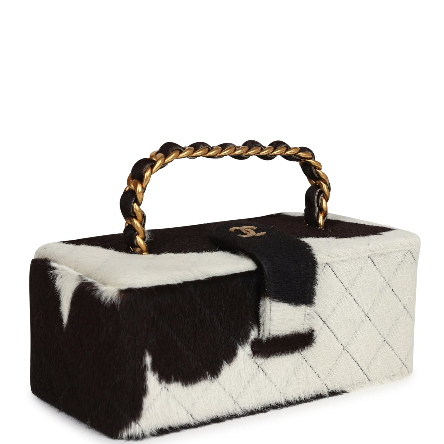 Chanel Rectangular Vanity Box Brown and White Cow Print Pony Hair Antique Gold Hardware