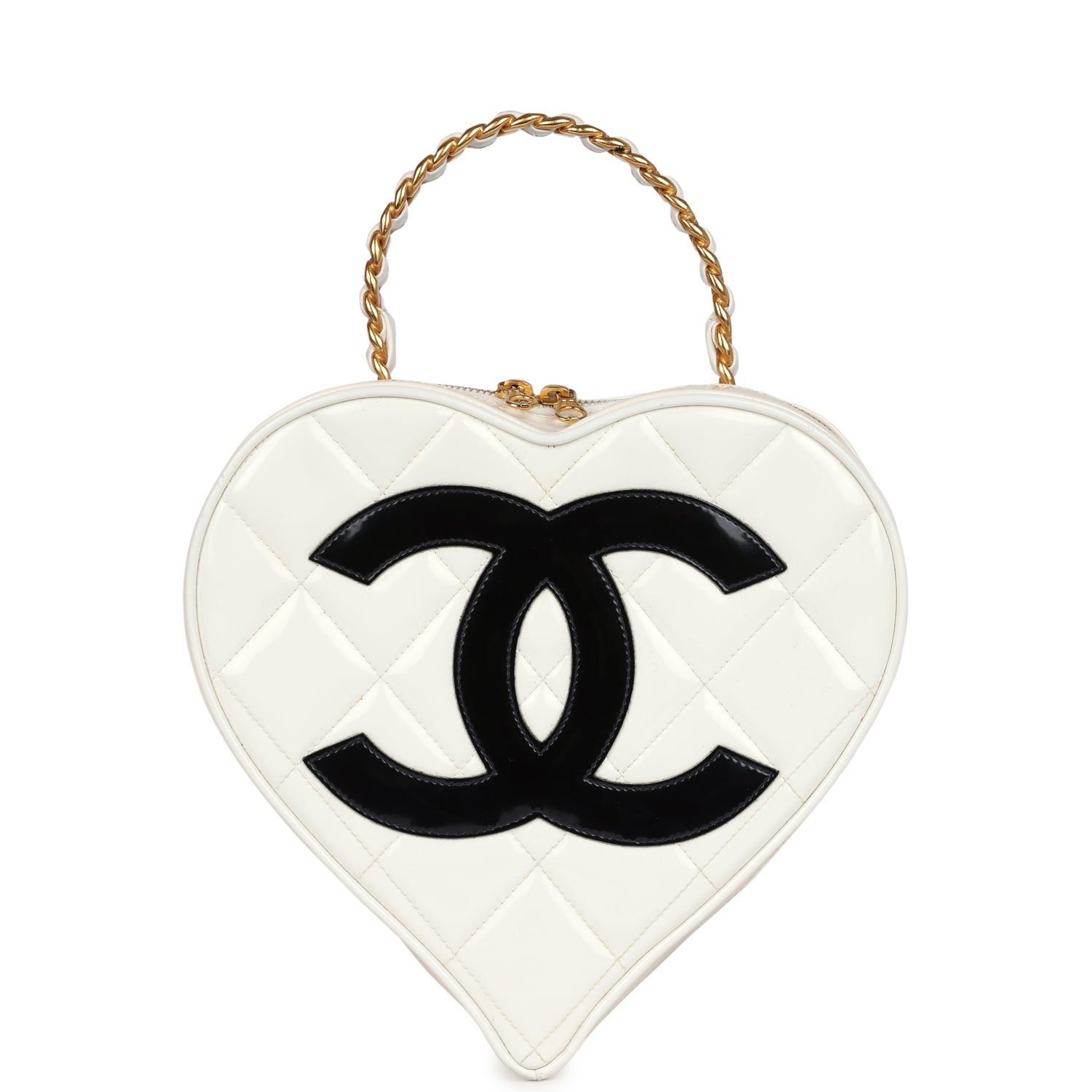 Chanel Heart Vanity Bag White and Black Patent Antique Gold Hardware