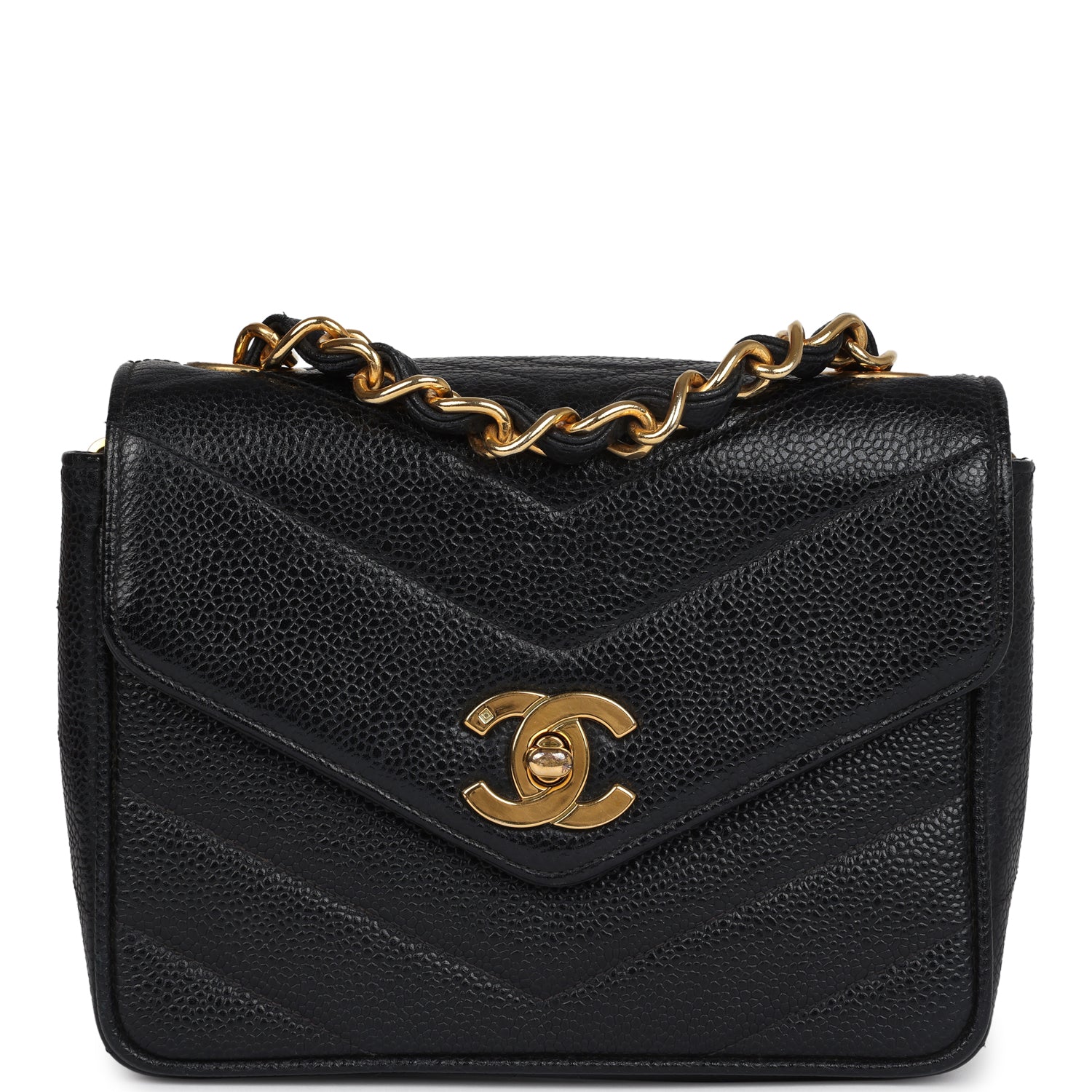 Chanel Square Chevron Envelope Flap Bag Black Caviar Gold Hardware