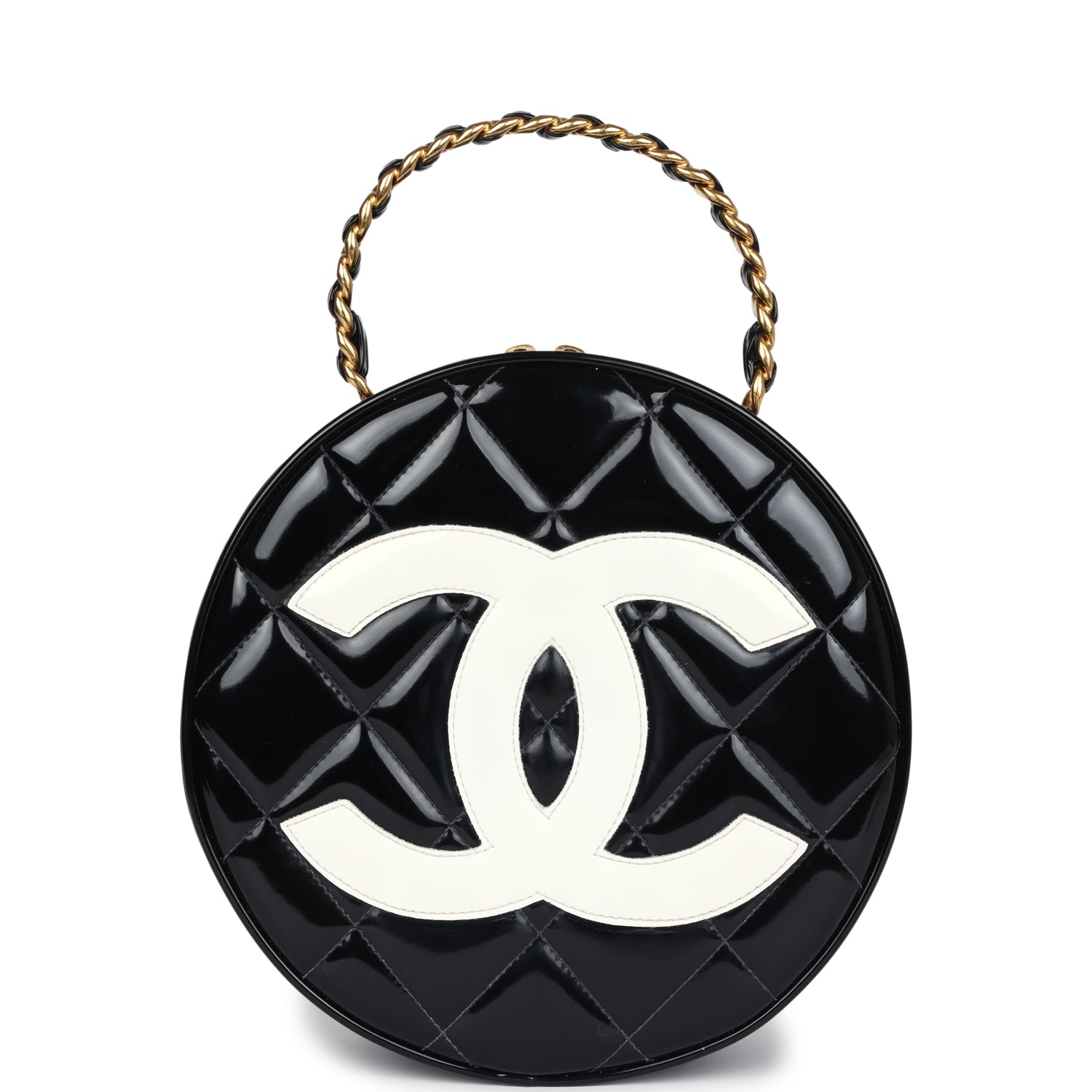 Chanel Round Vanity Bag Black and White Patent Leather Antique Gold Hardware