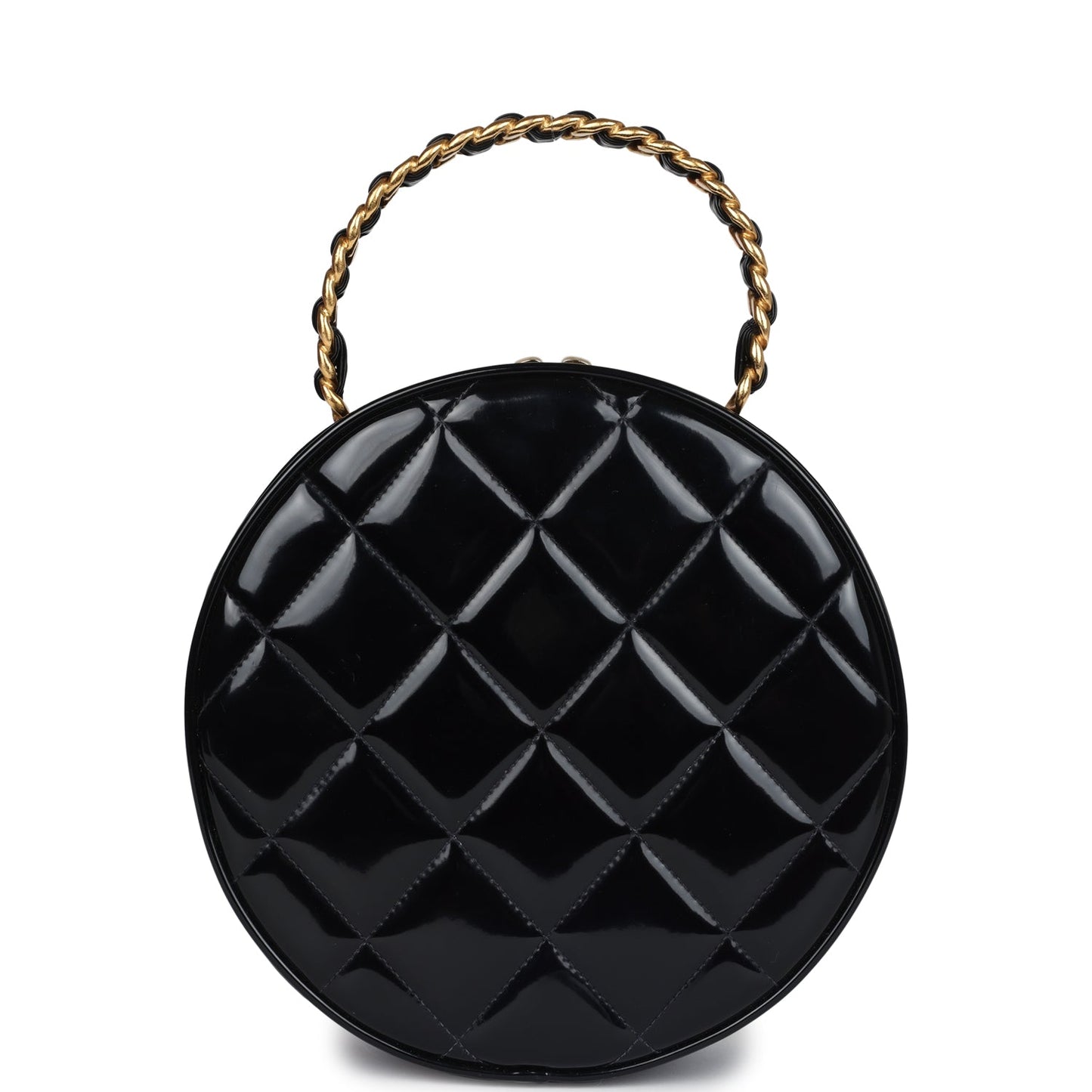 Chanel Round Vanity Bag Black and White Patent Leather Antique Gold Hardware