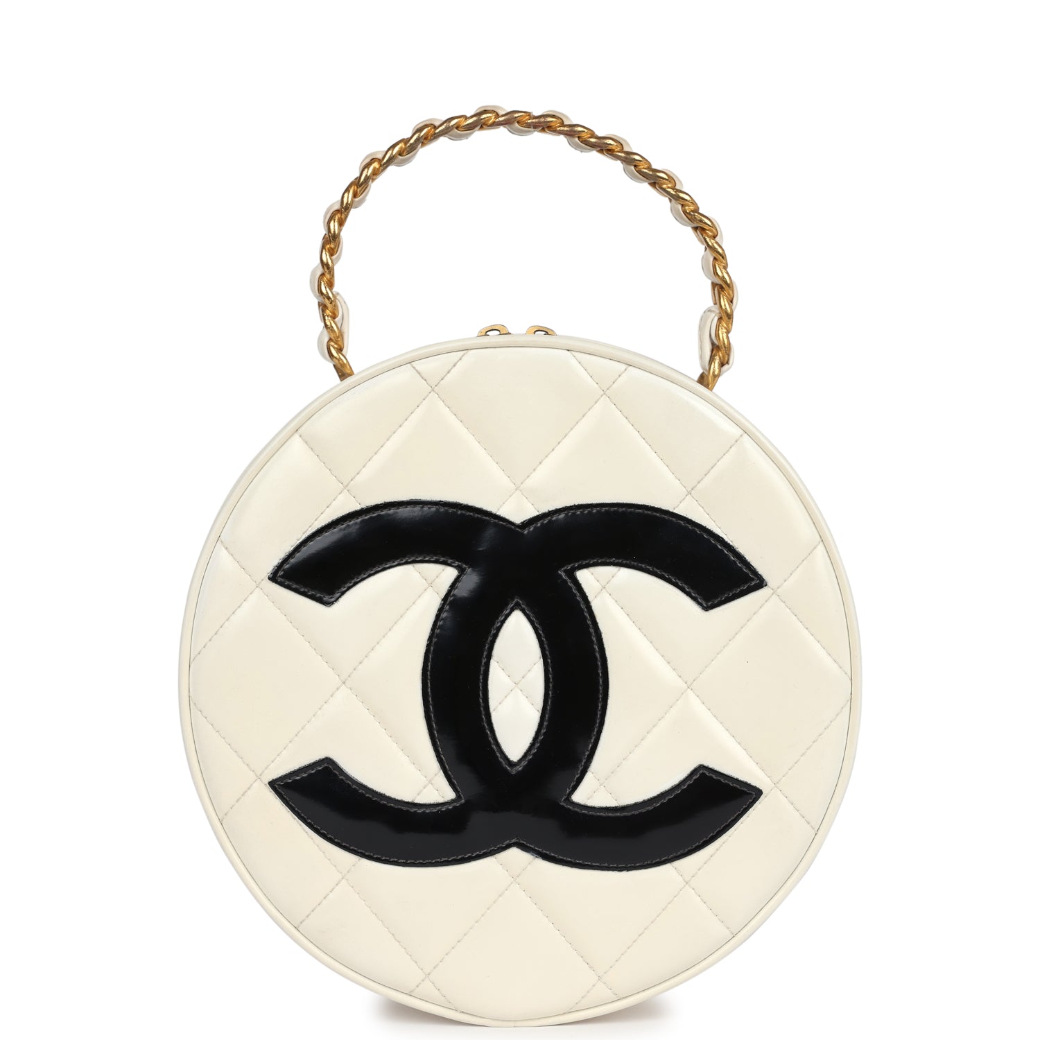 Chanel Round Vanity Bag White and Black Patent Leather Antique Gold Hardware