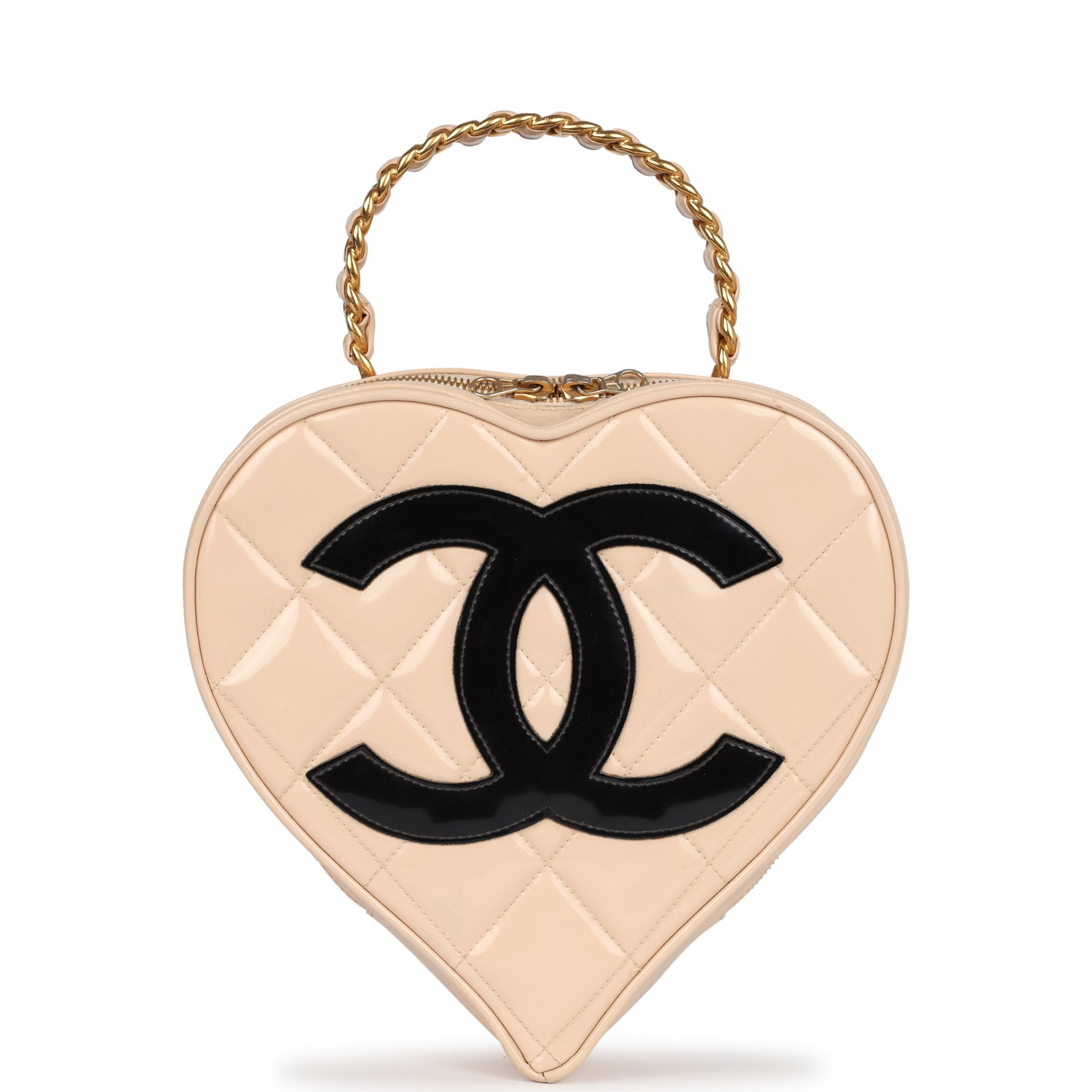 Chanel Heart Vanity Bag Beige and Black Patent Antique Gold Hardware
