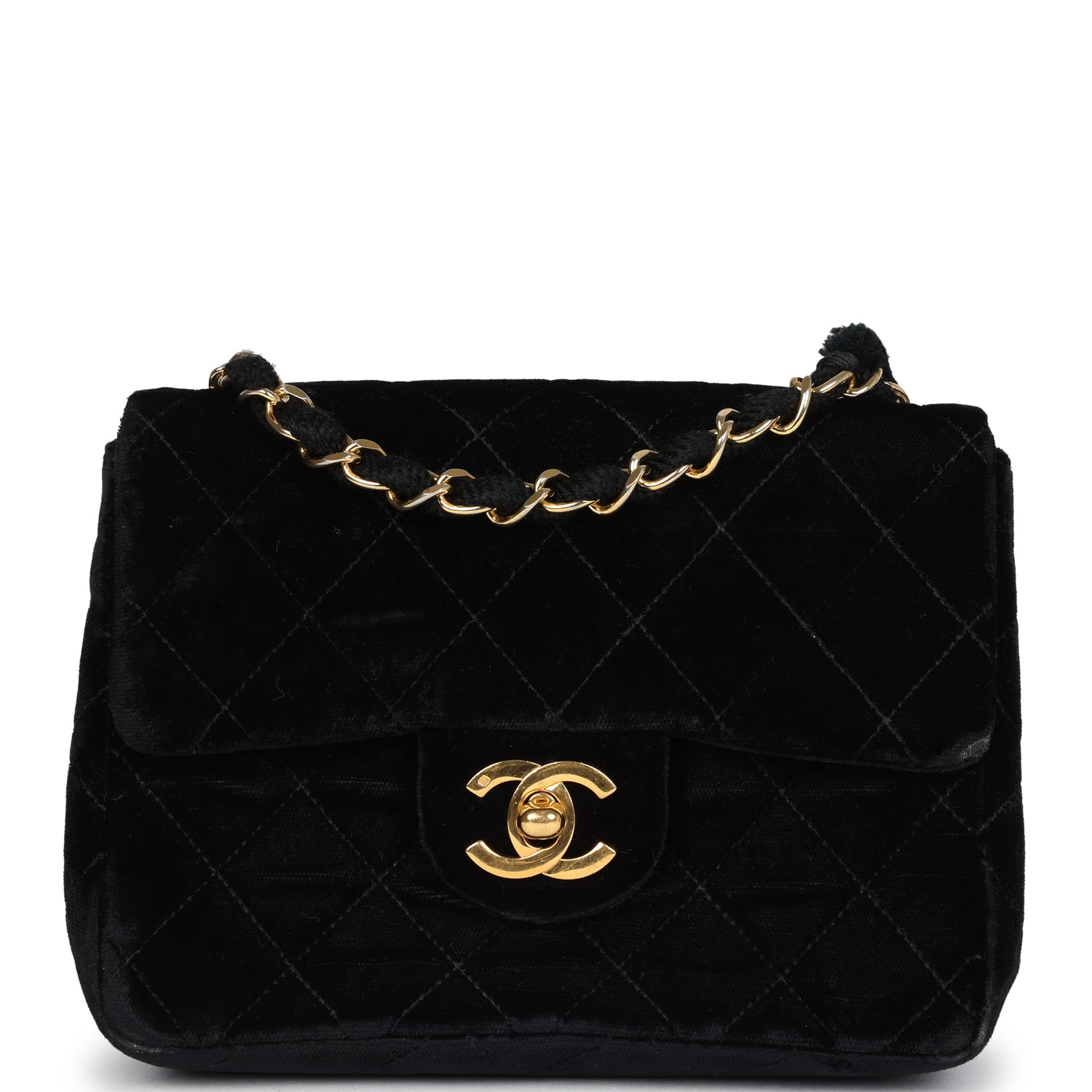 Chanel Mini Square Flap Bag Black Velvet Gold Hardware