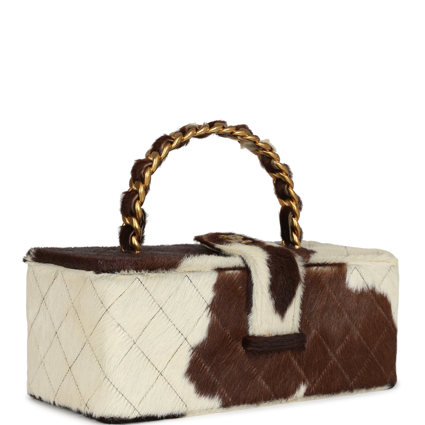 Chanel Rectangular Vanity Box Brown and White Cow Print Pony Hair Antique Gold Hardware Handbag