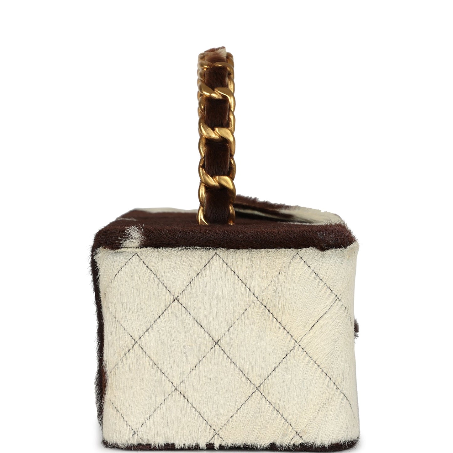 Chanel Rectangular Vanity Box Brown and White Cow Print Pony Hair Antique Gold Hardware Handbag