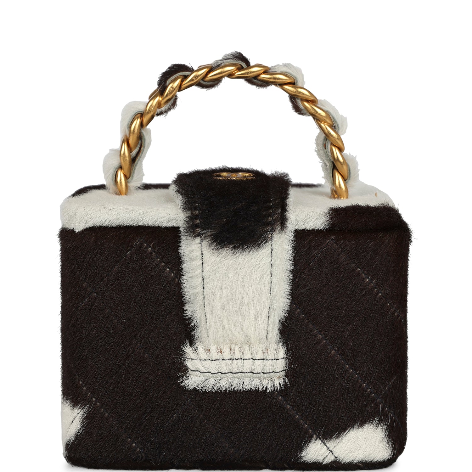 Chanel Square Vanity Box Brown and White Cow Print Pony Hair Antique Gold Hardware Handbag
