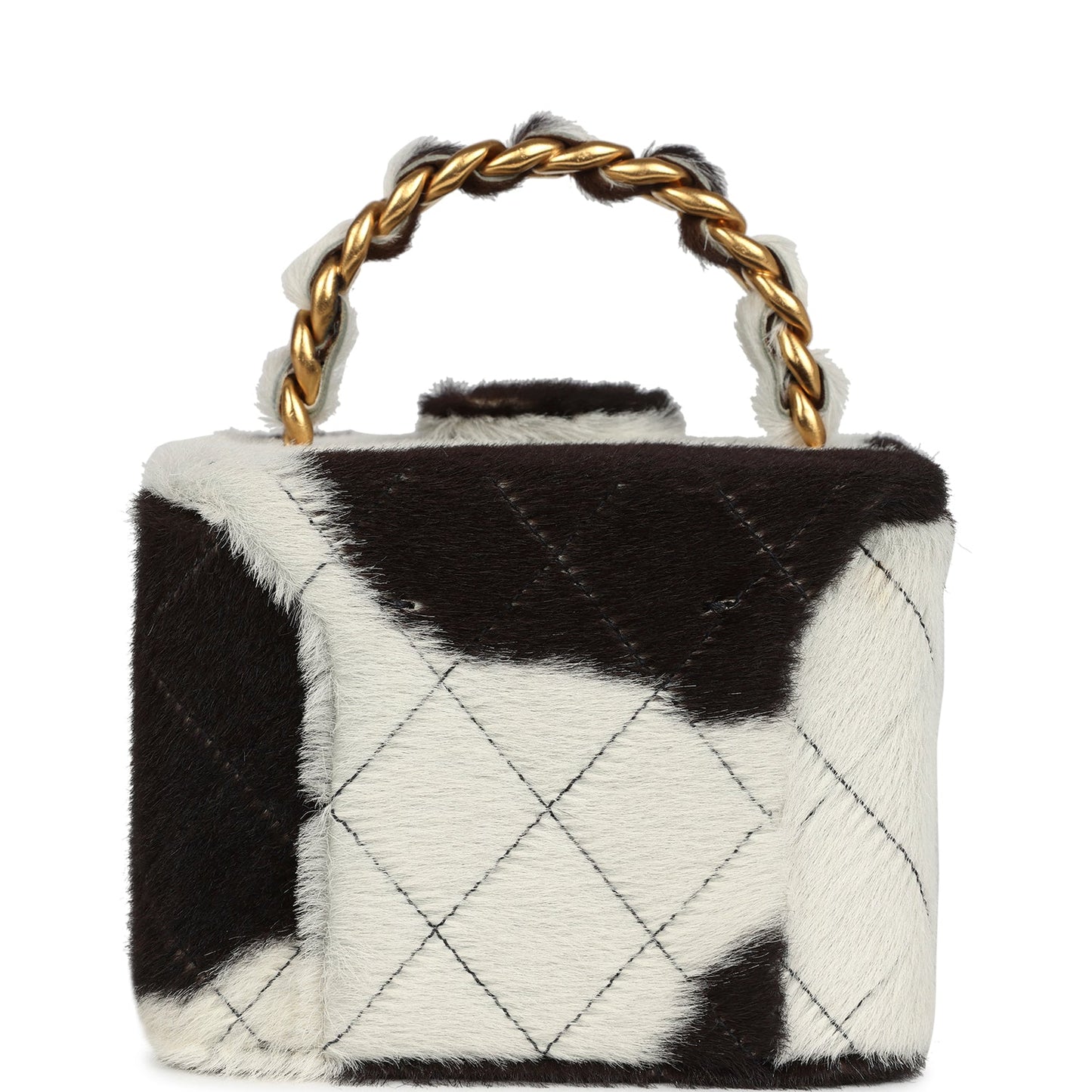 Chanel Square Vanity Box Brown and White Cow Print Pony Hair Antique Gold Hardware Handbag