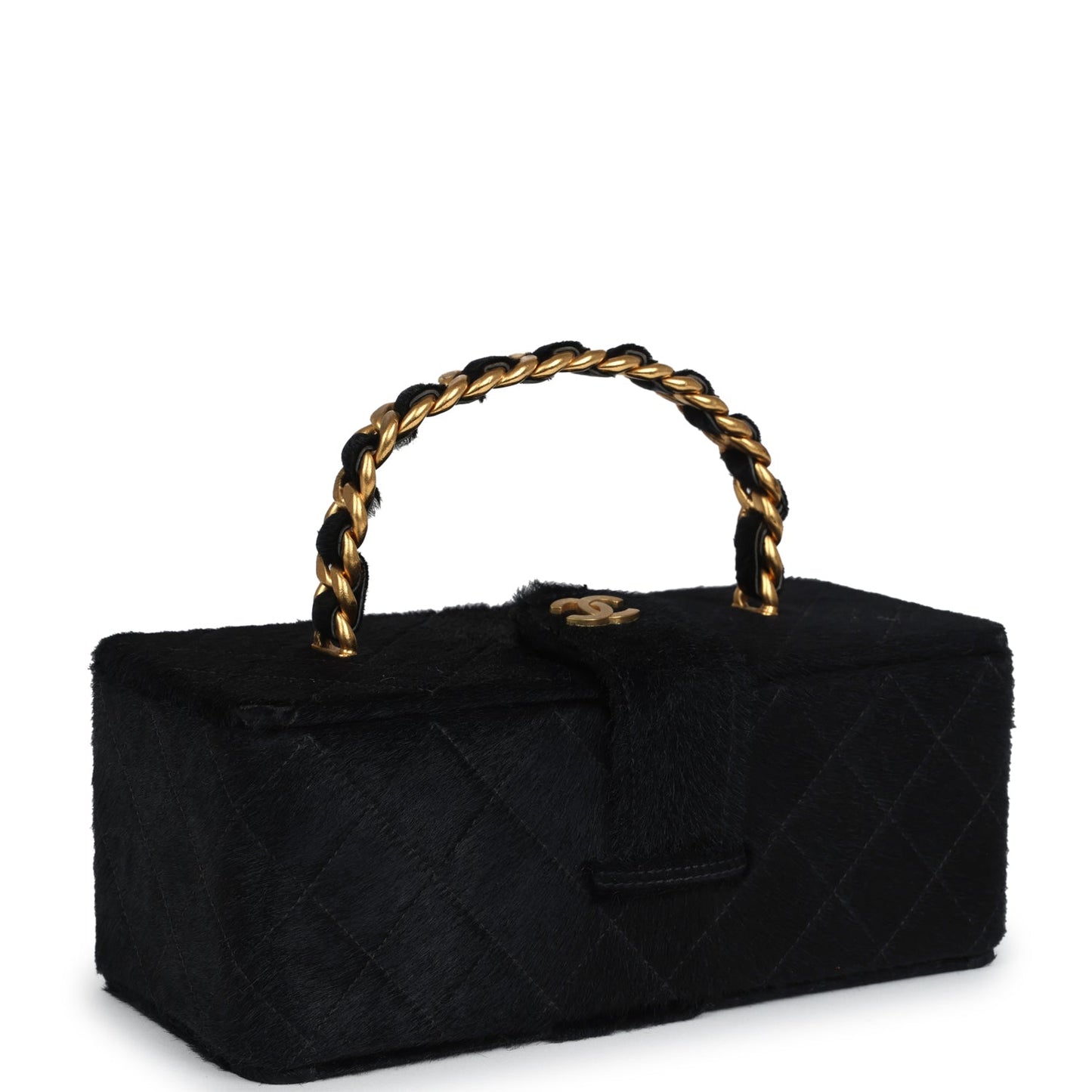 Chanel Rectangular Vanity Box Black Pony Hair Antique Gold Hardware Handbag