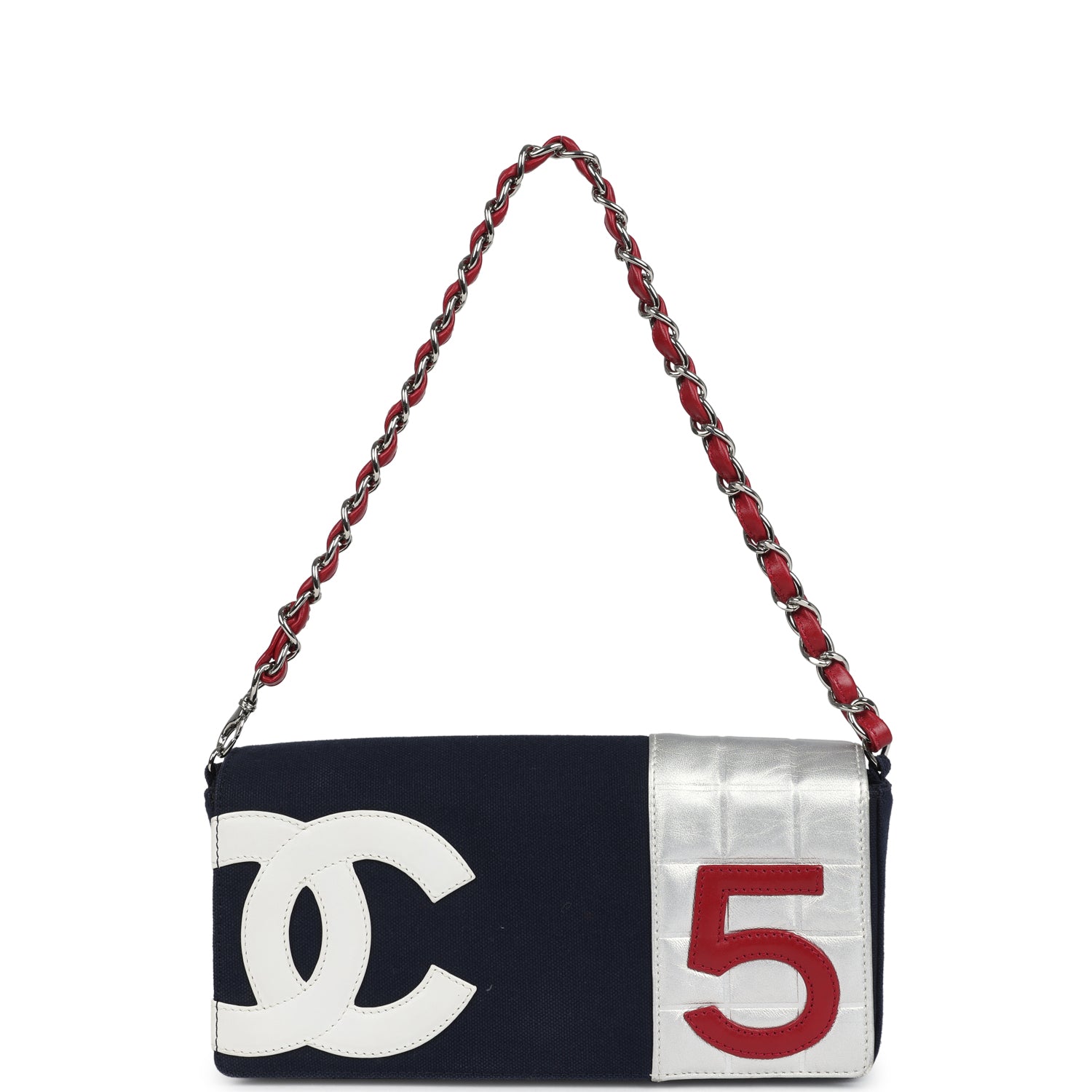 Chanel N0.5 Chain Shoulder Bag Navy, Silver, Red Canvas Silver Hardware