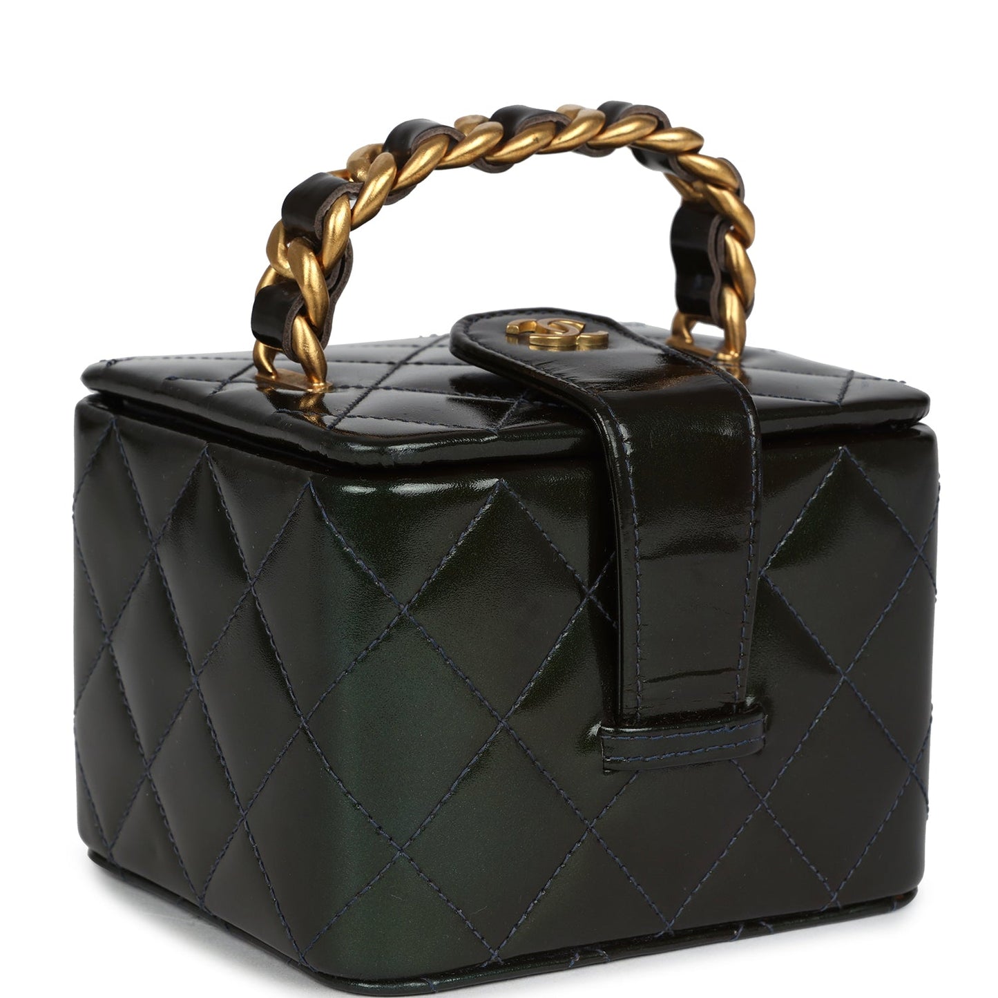 Chanel Mini Square Vanity Green Patent Antique Gold Hardware Handbag