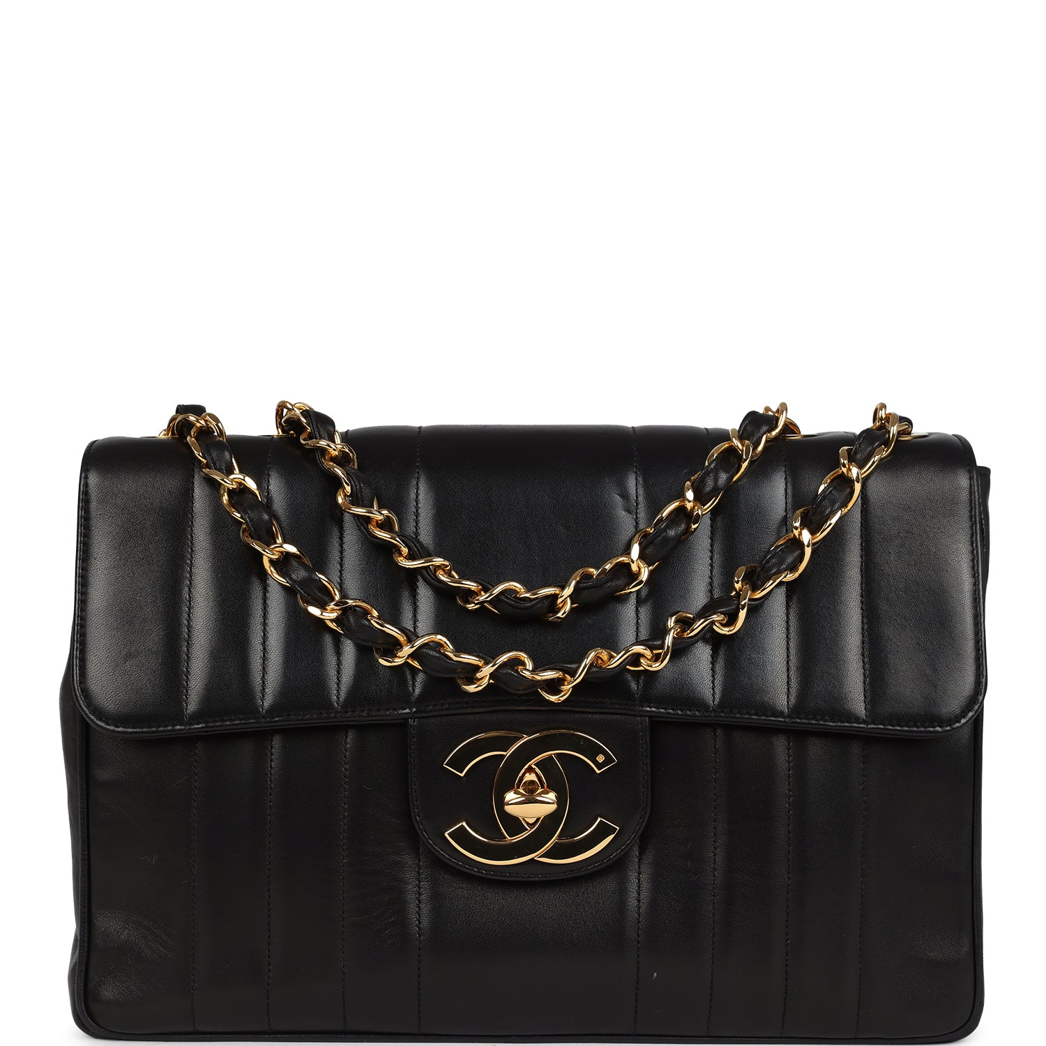 Chanel Jumbo Classic Mademoiselle Vertical Flap Black Lambskin Gold Hardware Shoulder Bag