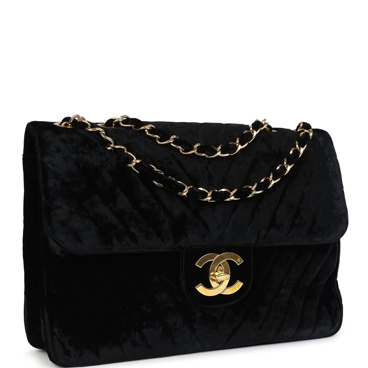 Chanel XL Classic Chevron Single Flap Bag Black Velvet Gold Hardware