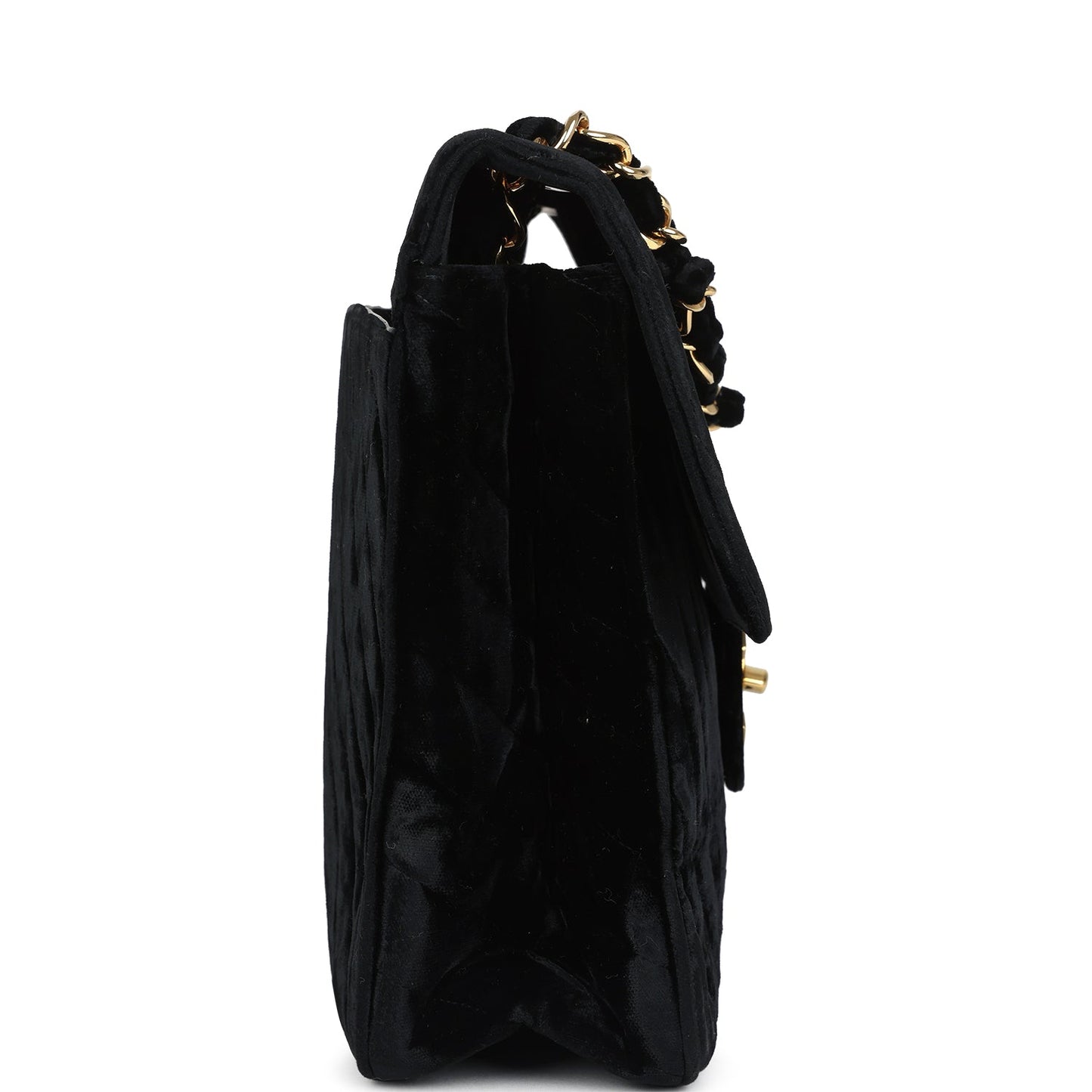 Chanel XL Classic Chevron Single Flap Bag Black Velvet Gold Hardware
