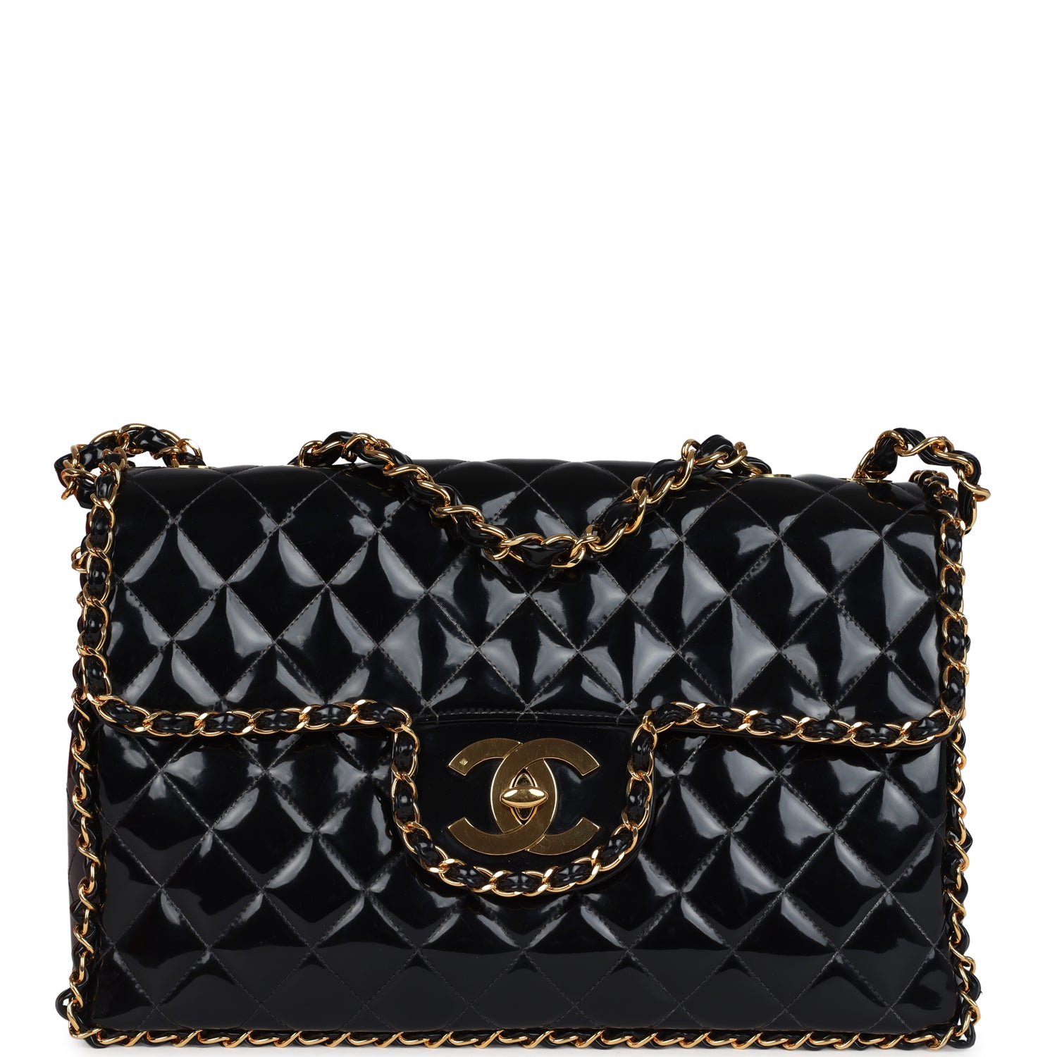 Chanel Maxi Classic Chain Around Single Flap Bag Black Patent Gold Hardware