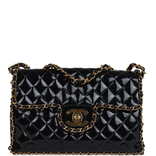 Chanel Maxi Classic Chain Around Single Flap Bag Black Patent Gold Hardware