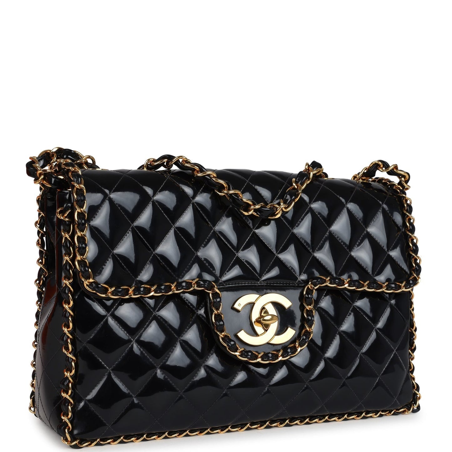 Chanel Maxi Classic Chain Around Single Flap Bag Black Patent Gold Hardware