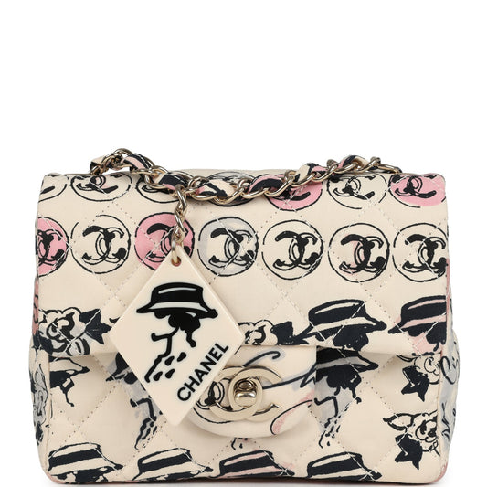 Chanel Mini Logo Square Flap Bag Light Pink Multi Printed Nylon Light Gold Hardware