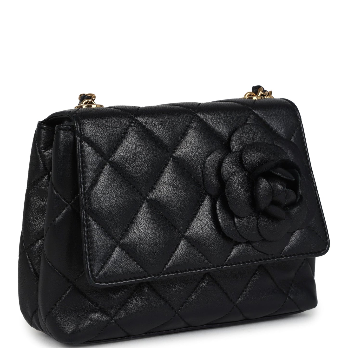 Chanel Mini Camellia Flap Bag Black Lambskin Gold Hardware