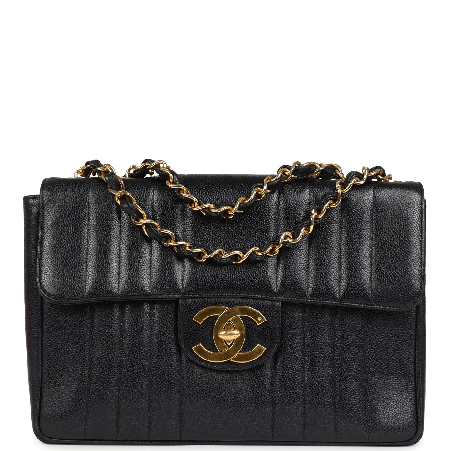 Chanel Jumbo Classic Mademoiselle Vertical Flap Black Caviar Gold Hardware Shoulder Bag