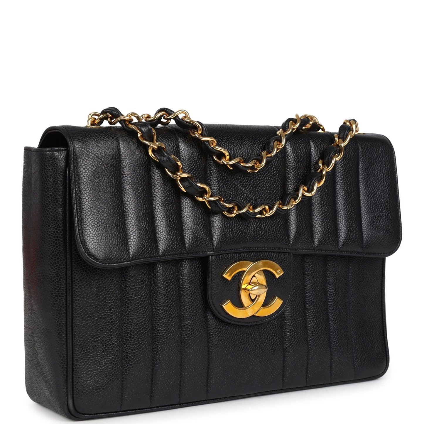 Chanel Jumbo Classic Mademoiselle Vertical Flap Black Caviar Gold Hardware Shoulder Bag