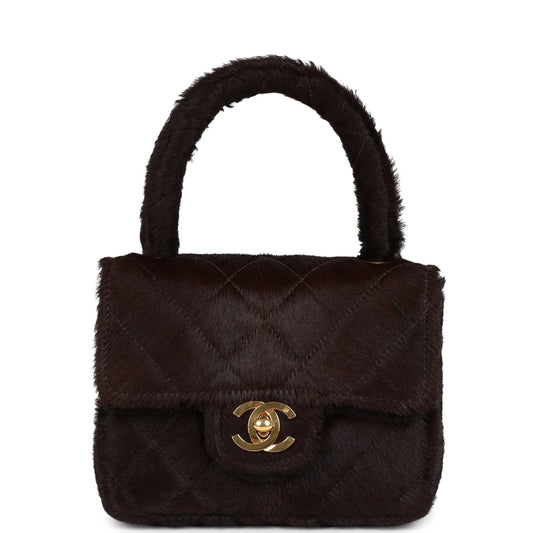 Chanel Micro Kelly Child Dark Brown Pony Hair Gold Hardware Handbag