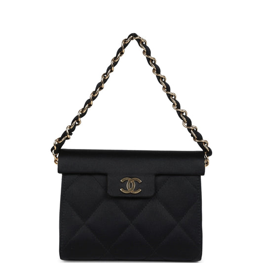 Chanel Mini Evening Handbag Bag Black Satin Gold Hardware