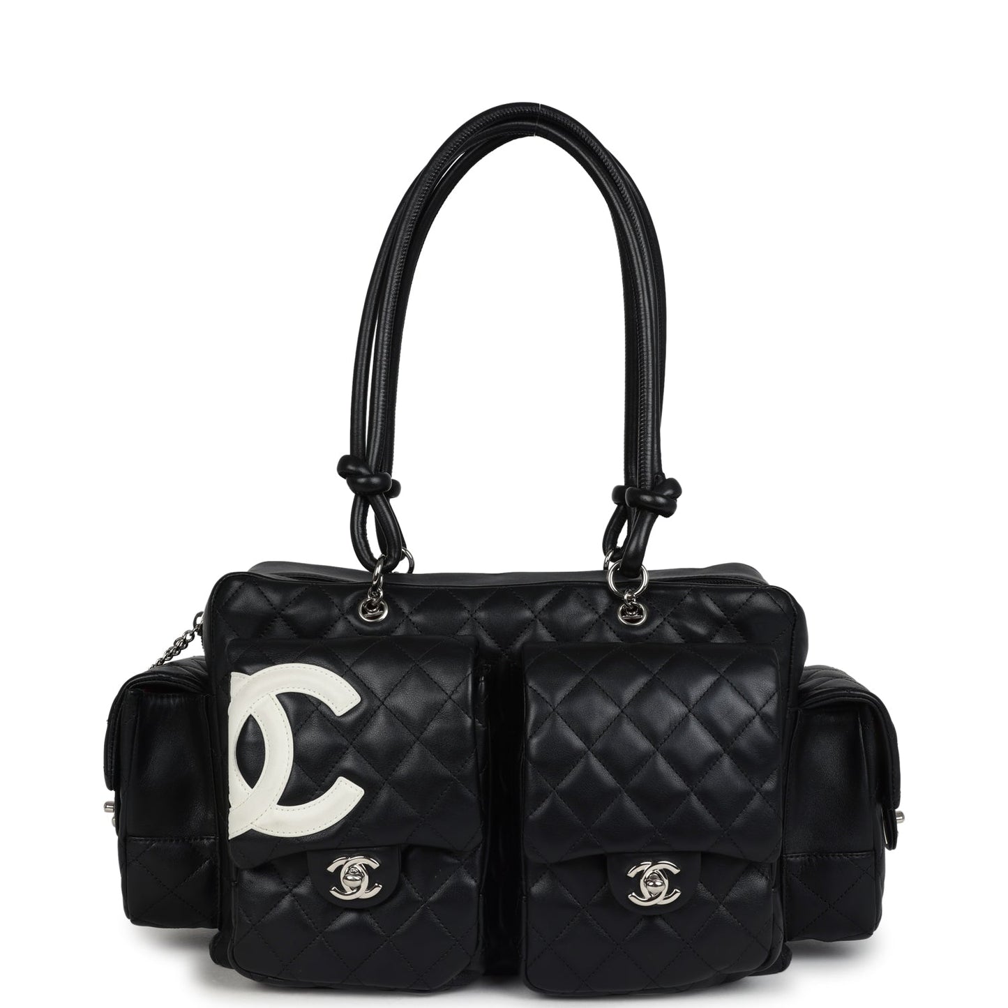 Chanel  Large Cambon Ligne Reporter Bag Black and White Lambskin Silver Hardware