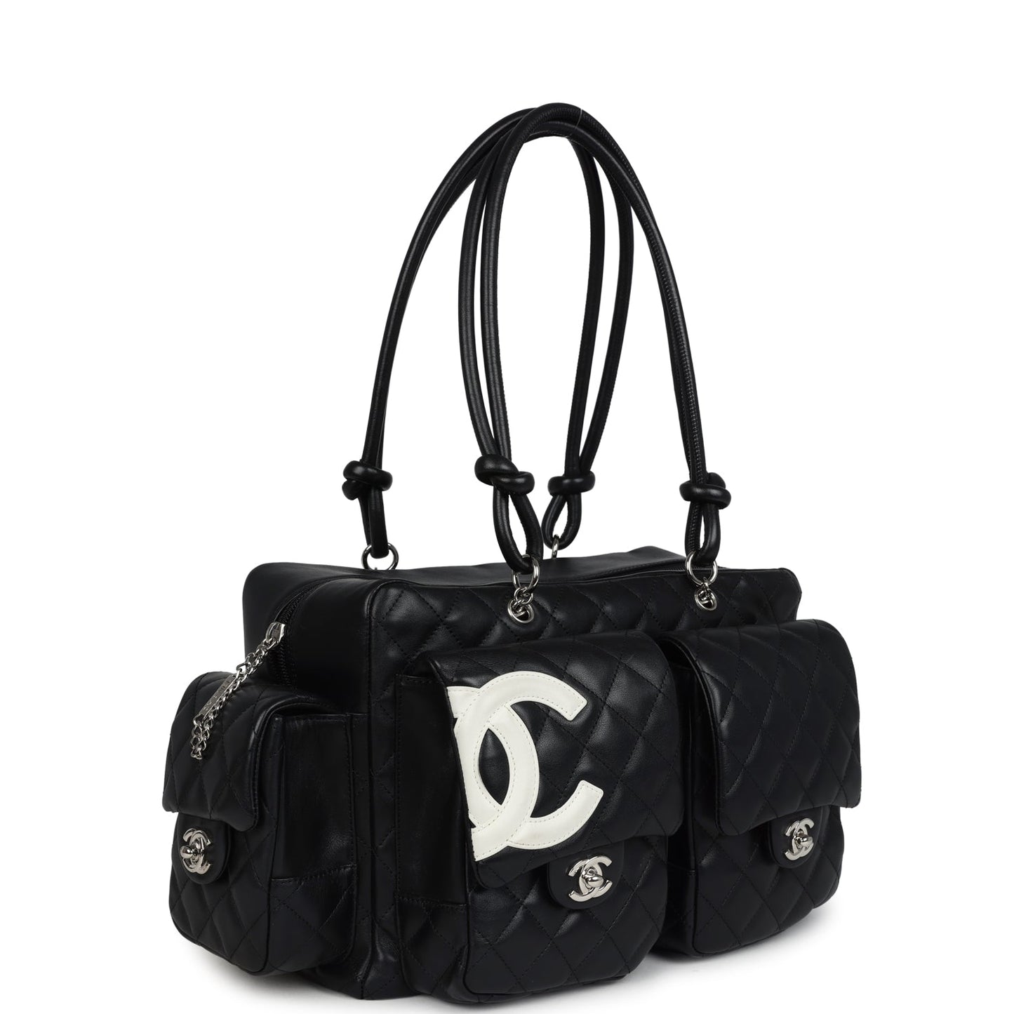 Chanel  Large Cambon Ligne Reporter Bag Black and White Lambskin Silver Hardware