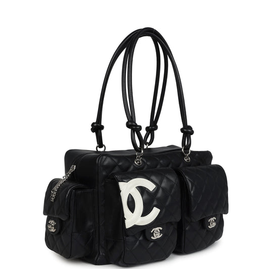Chanel  Large Cambon Ligne Reporter Bag Black and White Lambskin Silver Hardware