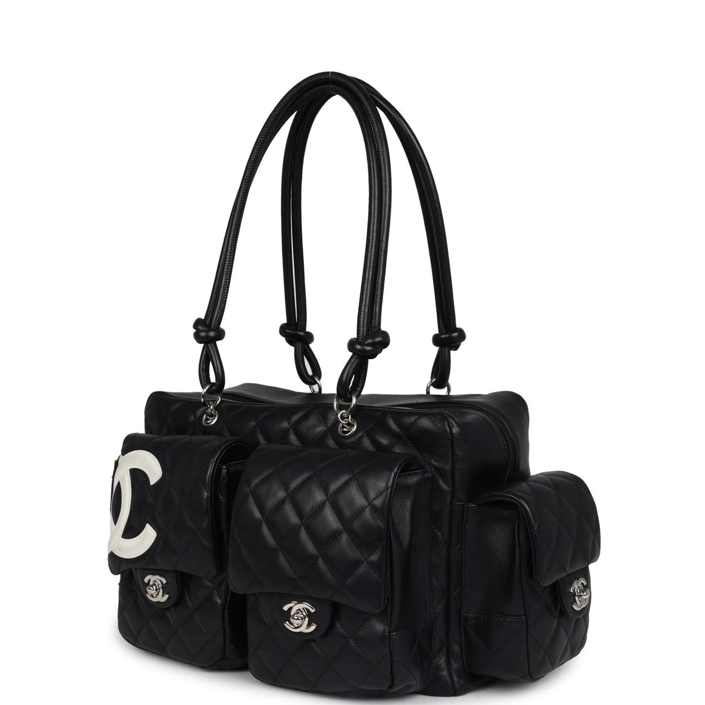 Chanel  Large Cambon Ligne Reporter Bag Black and White Lambskin Silver Hardware