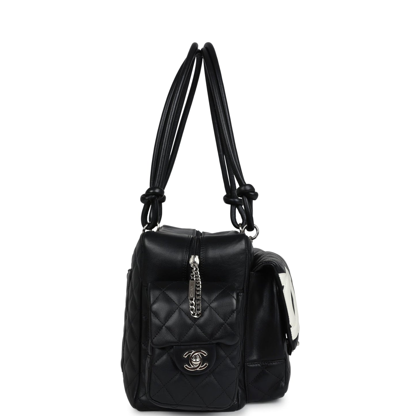 Chanel  Large Cambon Ligne Reporter Bag Black and White Lambskin Silver Hardware