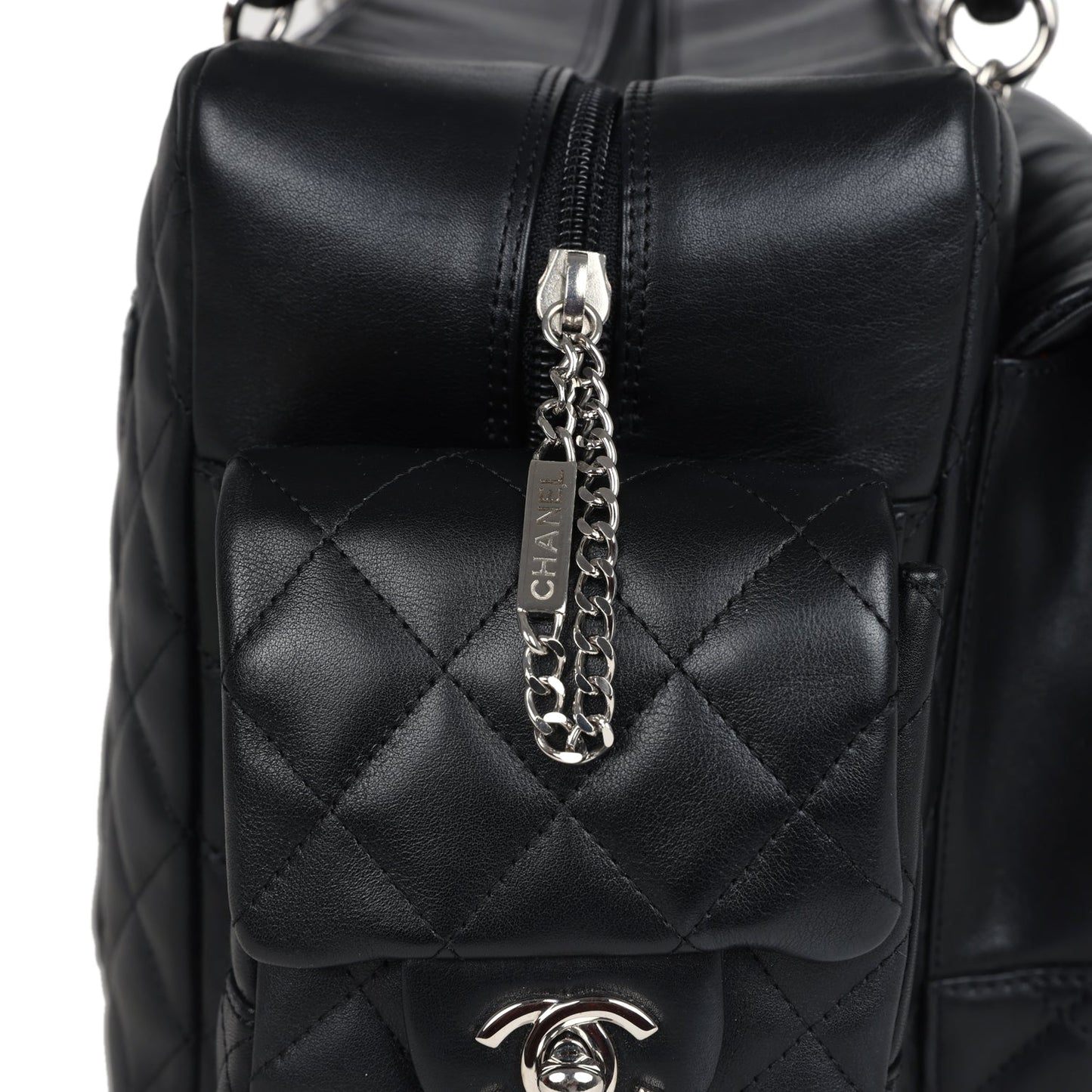 Chanel  Large Cambon Ligne Reporter Bag Black and White Lambskin Silver Hardware