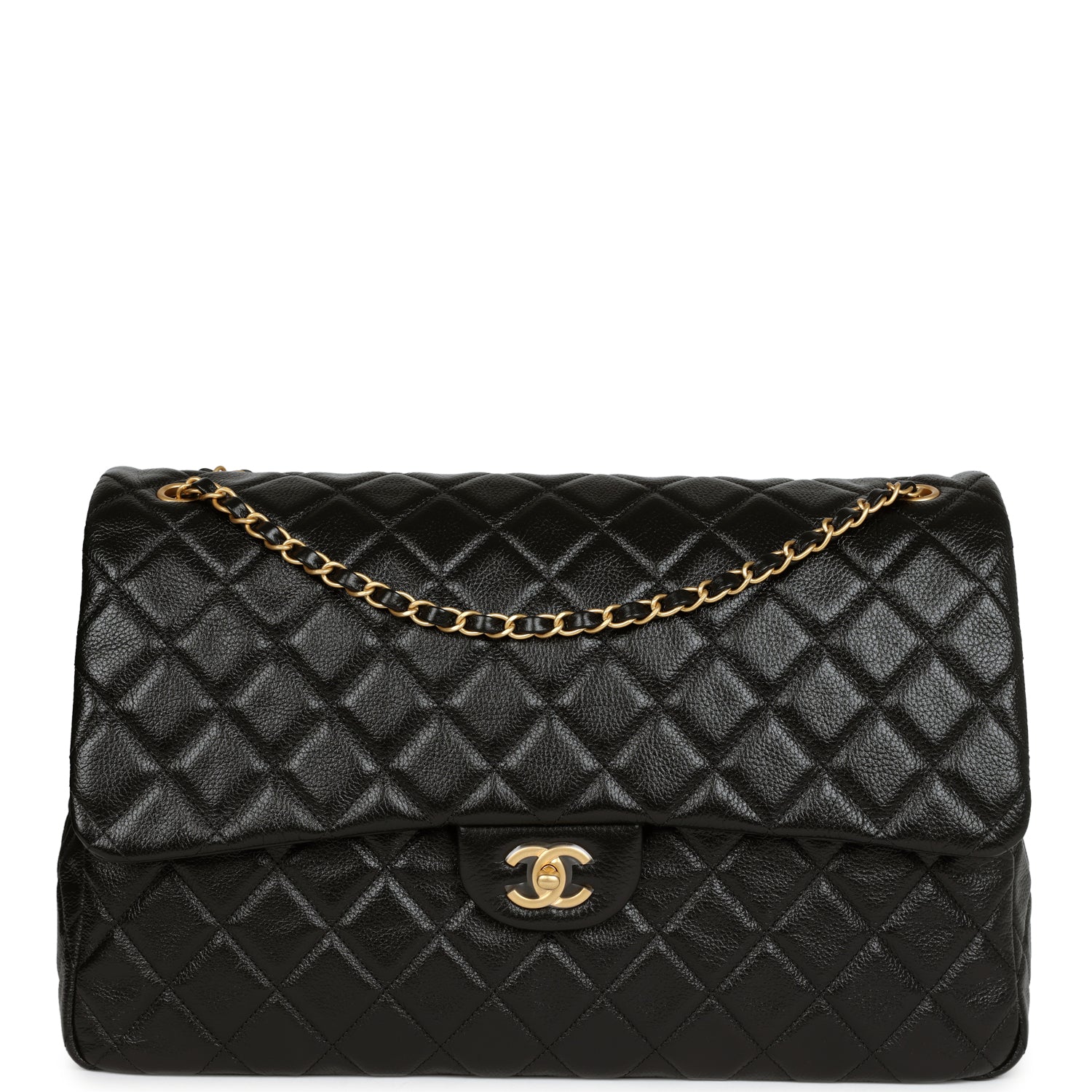 Chanel XXL Classic Single Flap Bag Black Shiny Aged Calfskin Brushed Gold Hardware