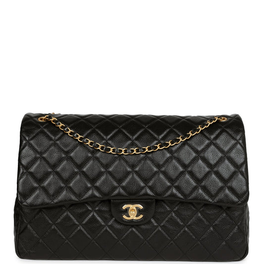 Chanel XXL Classic Single Flap Bag Black Shiny Aged Calfskin Brushed Gold Hardware