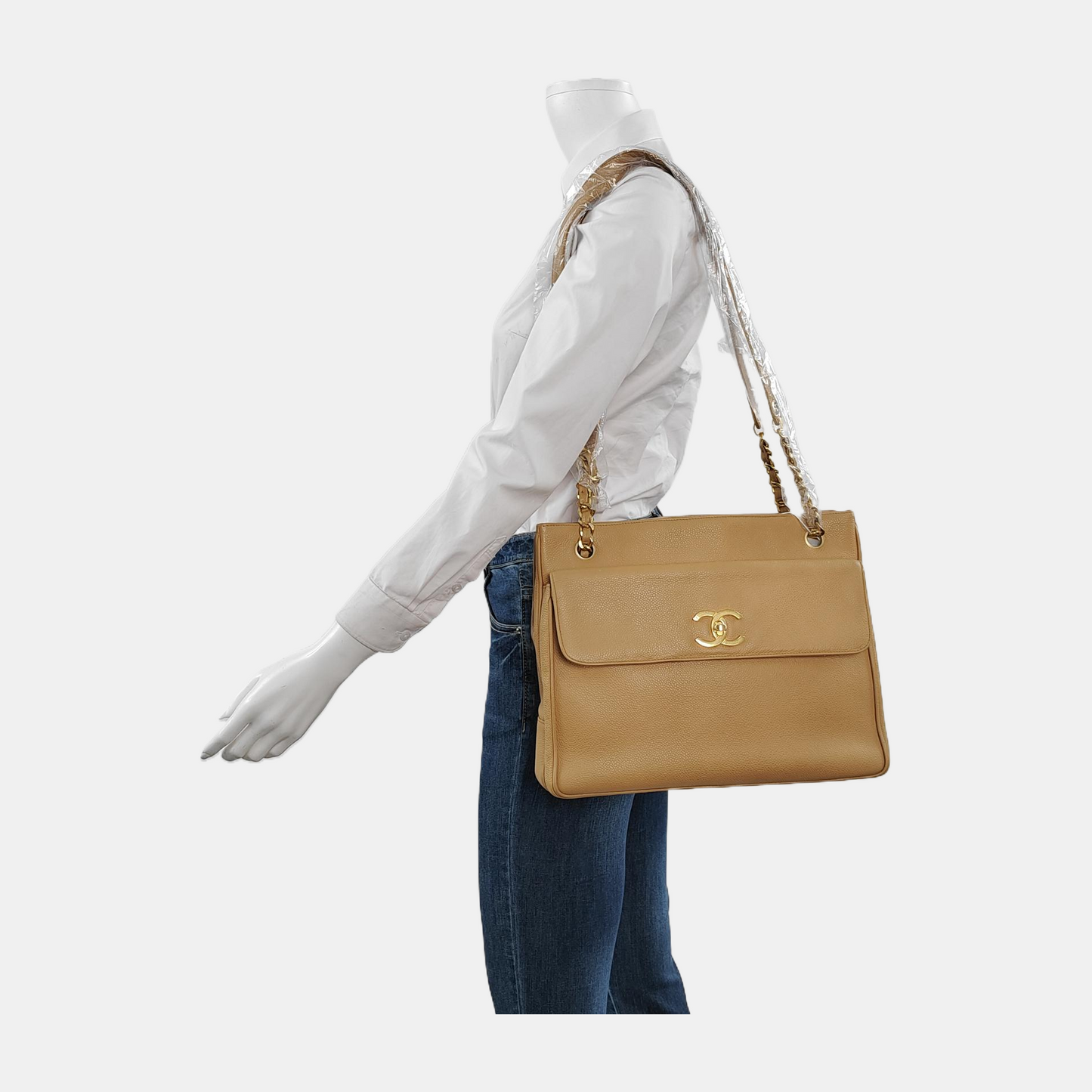 Chanel Vintage Front Pocket Tote Beige Caviar Leather Double Gold Chain