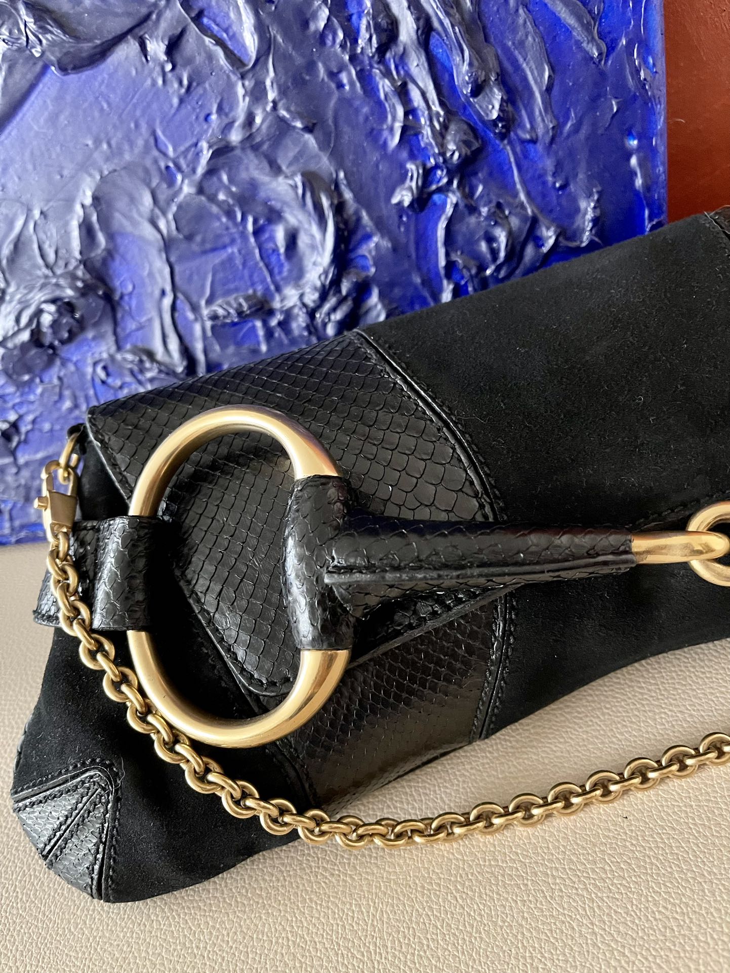 Gucci Horsebit 1955 Large Black Suede and Python-skin Leather Shoulder Bag