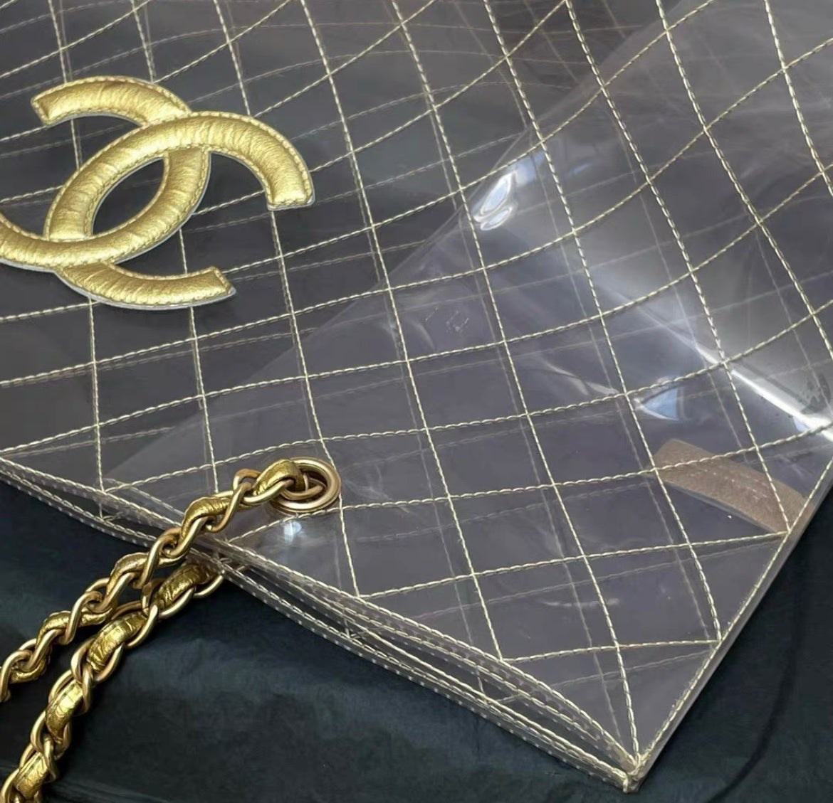 Chanel Rare  1990s Xxxl Oversized See Through Naked Gold Accent Pvc Tote