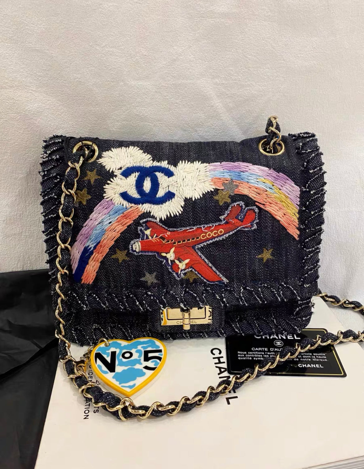 CHANEL 2006  NIGHT FLIGHT DENIM REISSUE AIRPLANE RAINBOW BAG 24K GHW