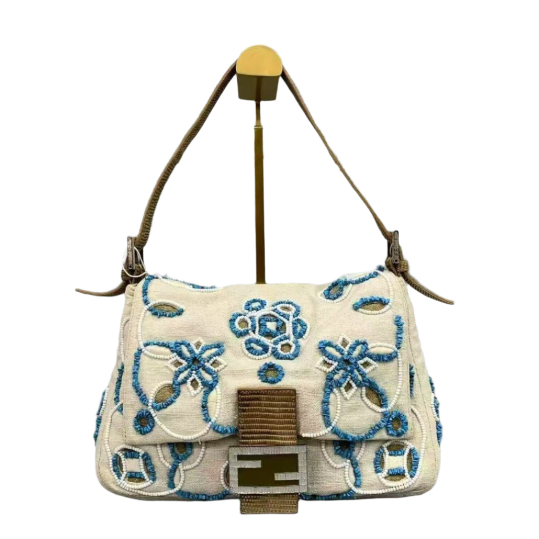Fendi Mamma Baguette Needlepoint White Canvas and Blue and White Stones Embroidery