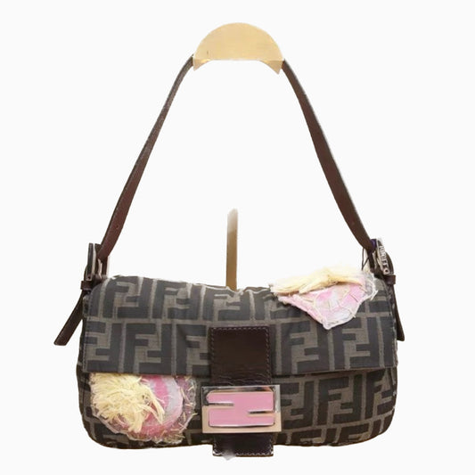 FENDI Baguette Zucca Print with Flower Embroidery