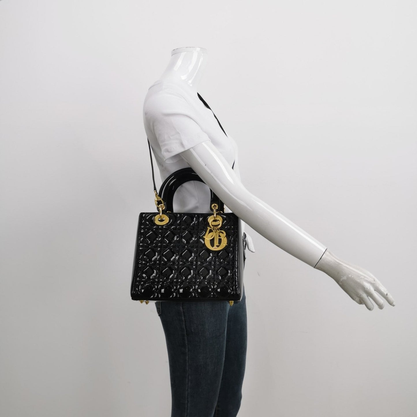 Lady Dior Medium Black Patent Leather Handbag with Gold Hardware