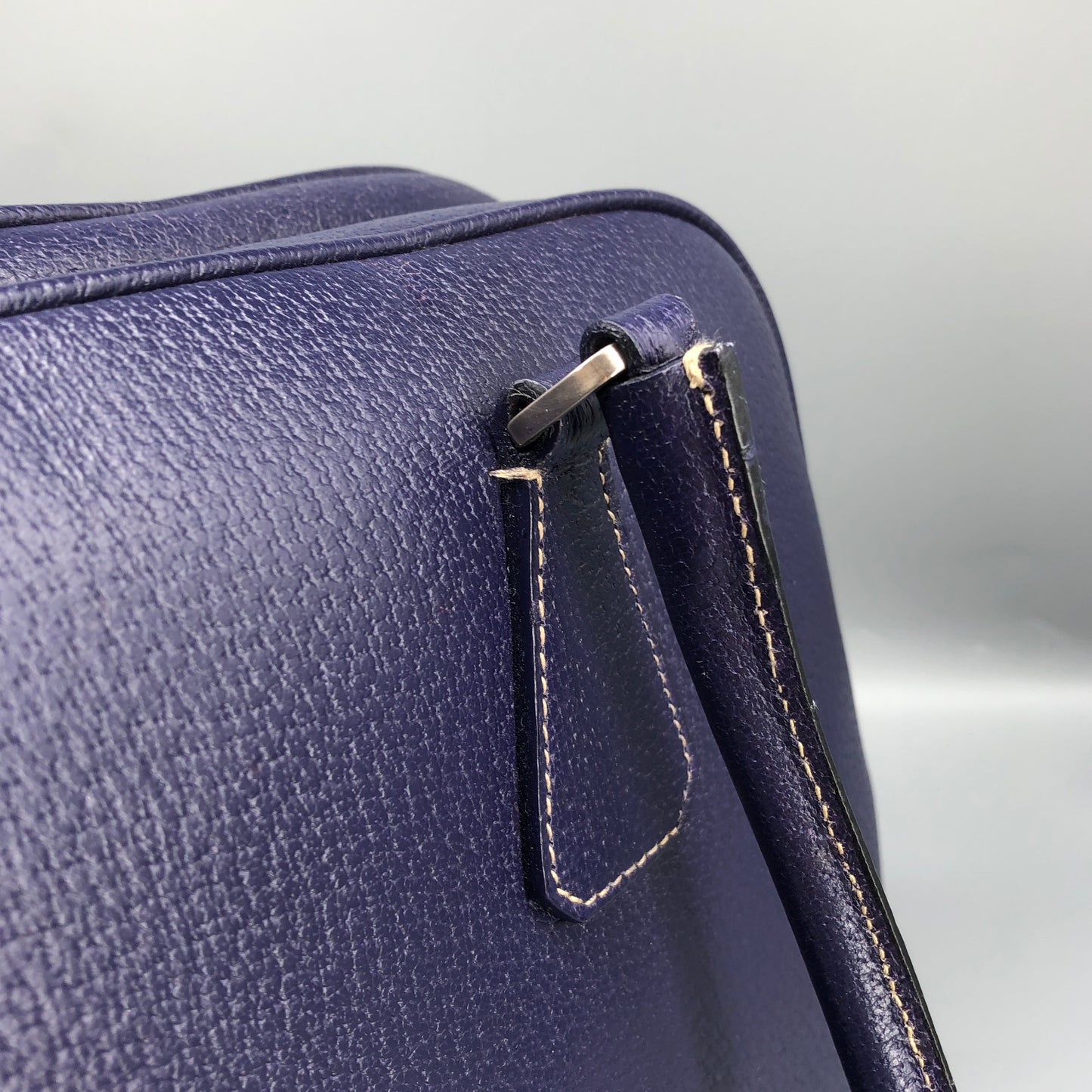 Prada Bauletto Medium Pebbled Leather Handbag Ink Blue