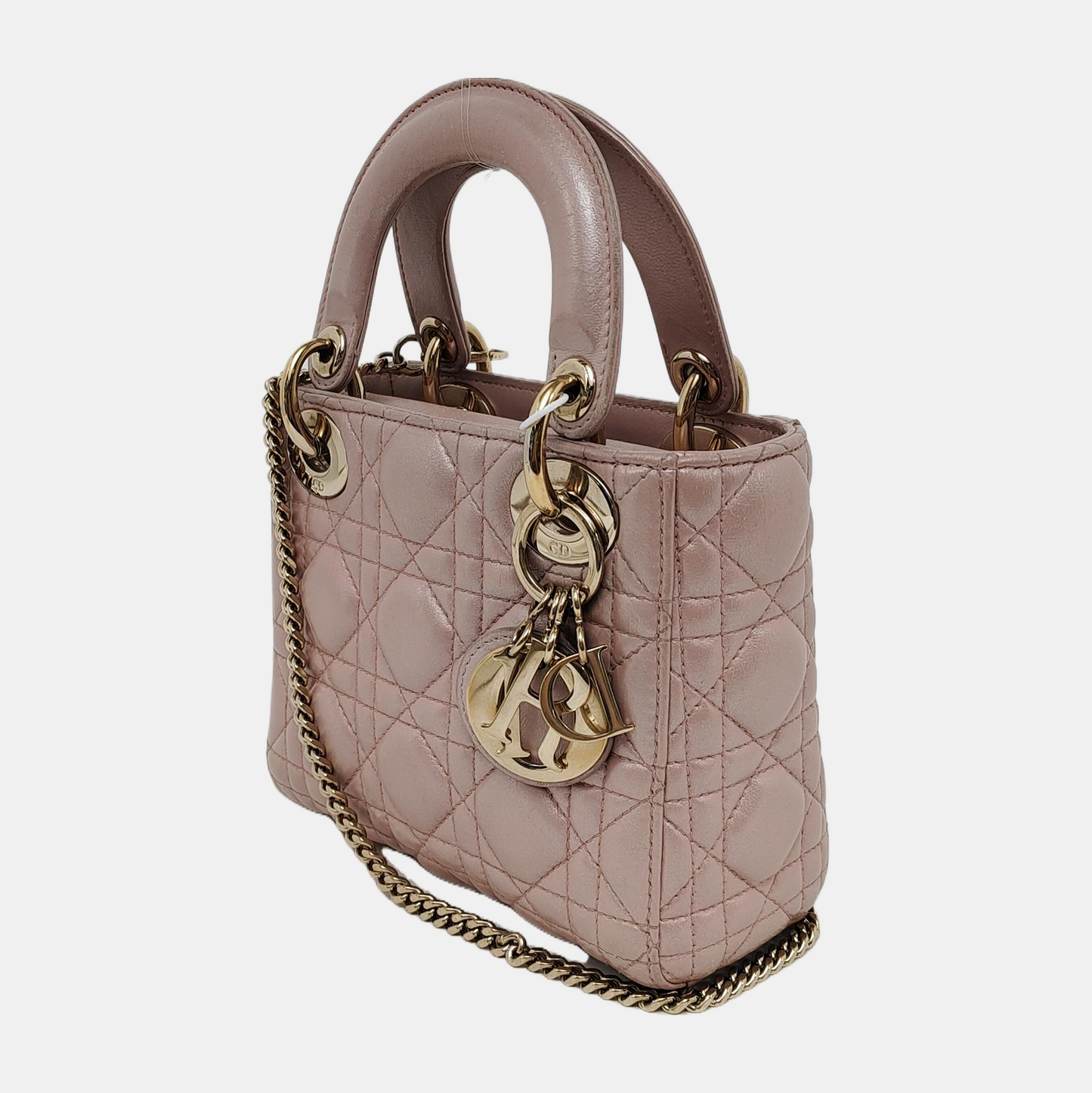 Lady Dior Mini Pearlescent Pink Lambskin Leather Gold HW Chain Strap