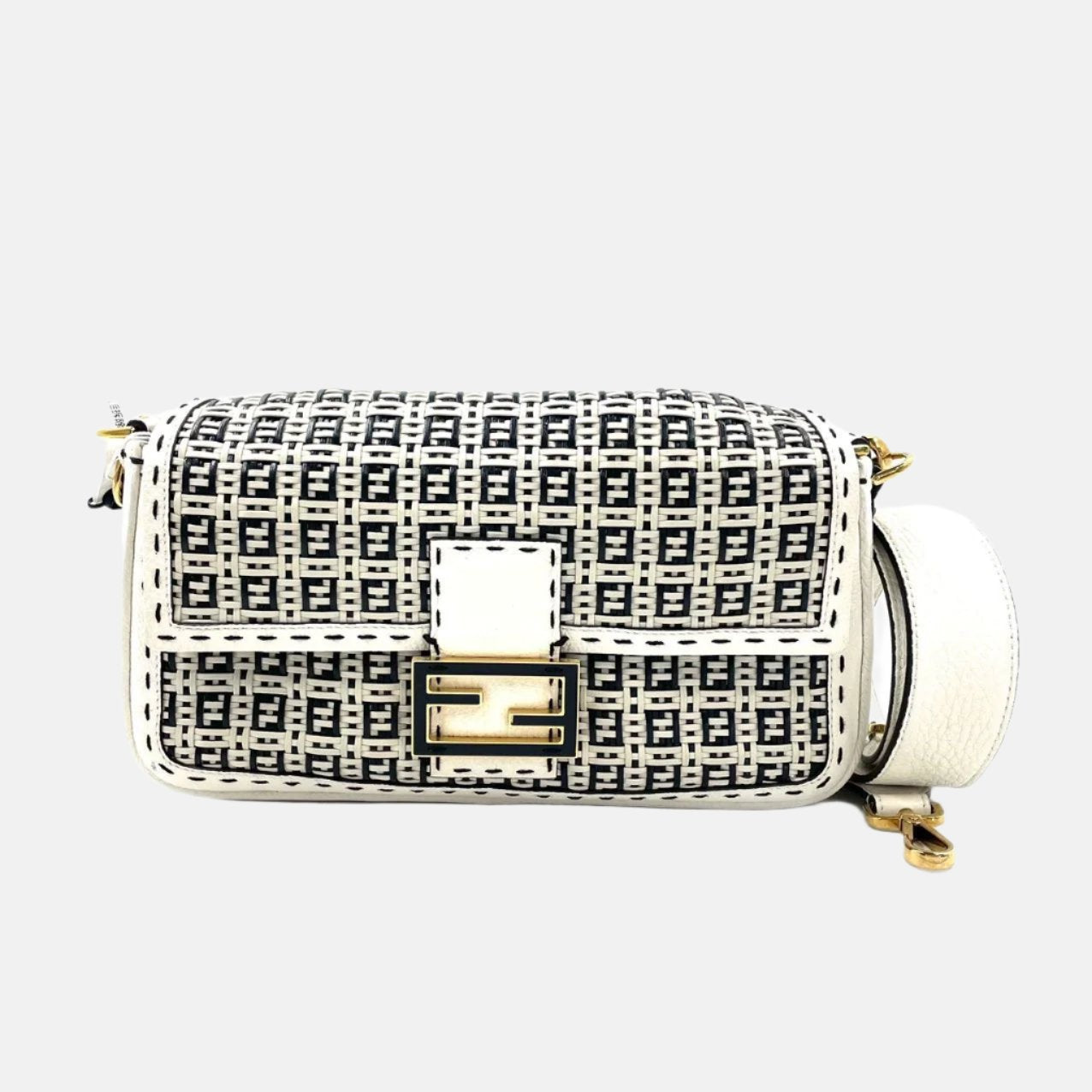 Fendi Baguette Calfskin Leather Weave Black and White Crossbody Bag